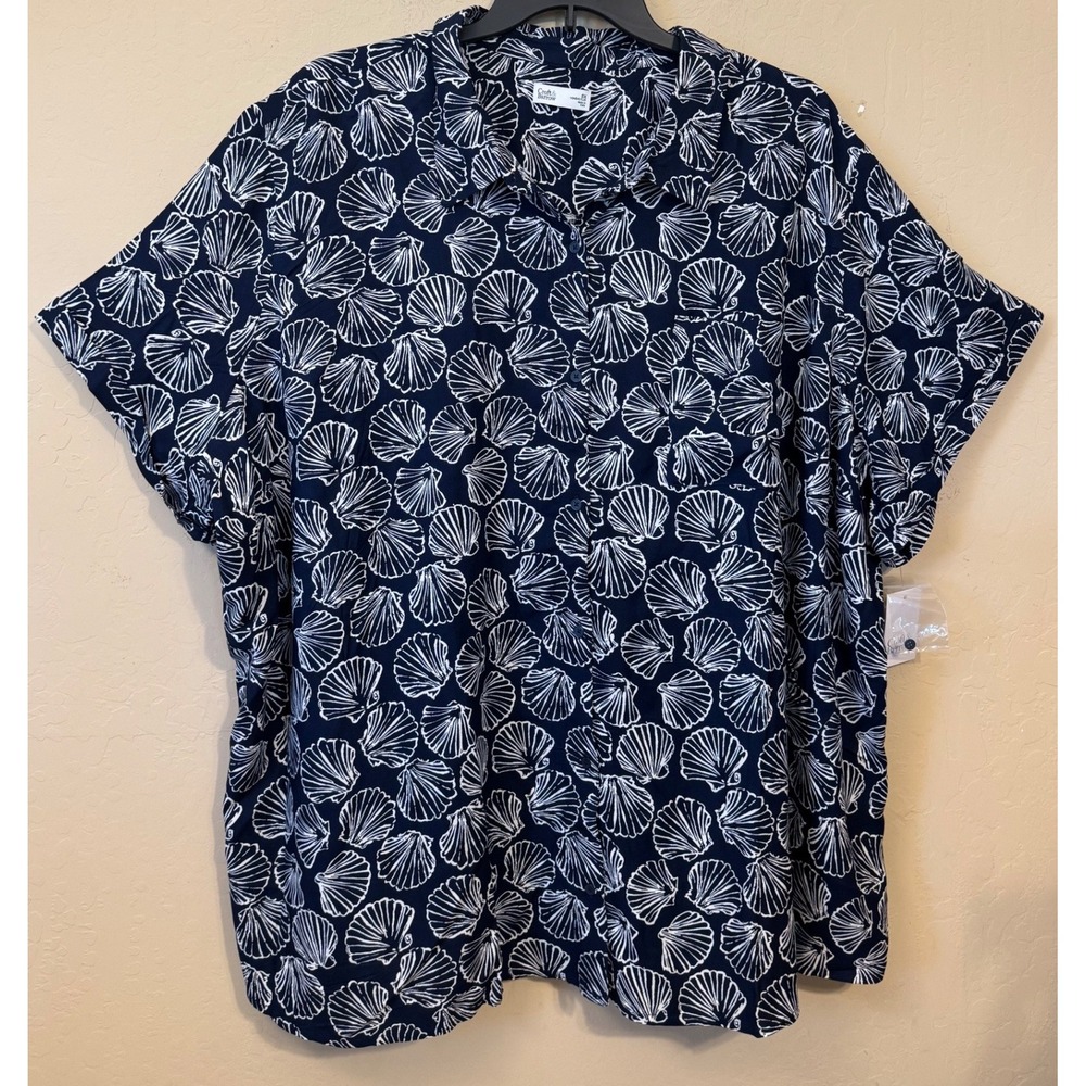 Croft & Barrow Shirt Women 5X Navy Blue Seashell Short Sleeve Button Down NEW